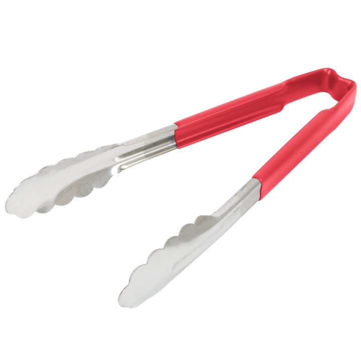 pujadas 9 ½-inch stainless steel one-piece scalloped tongs with red Kool-Touch® handle
