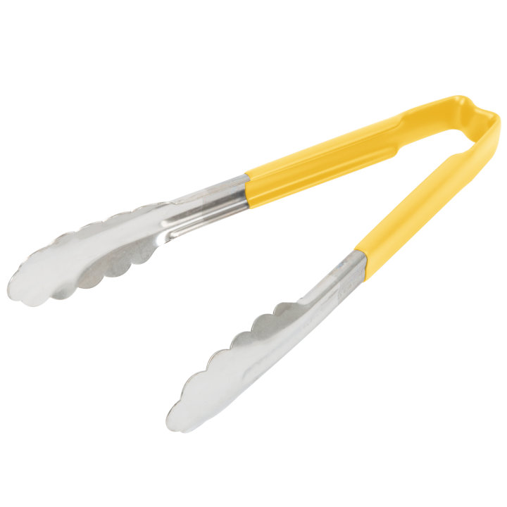 pujadas 9 ½-inch stainless steel one-piece scalloped tongs with yellow Kool-Touch® handle