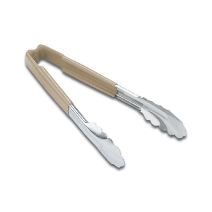 pujadas 9 ½-inch stainless steel one-piece scalloped tongs with tan Kool-Touch® handle