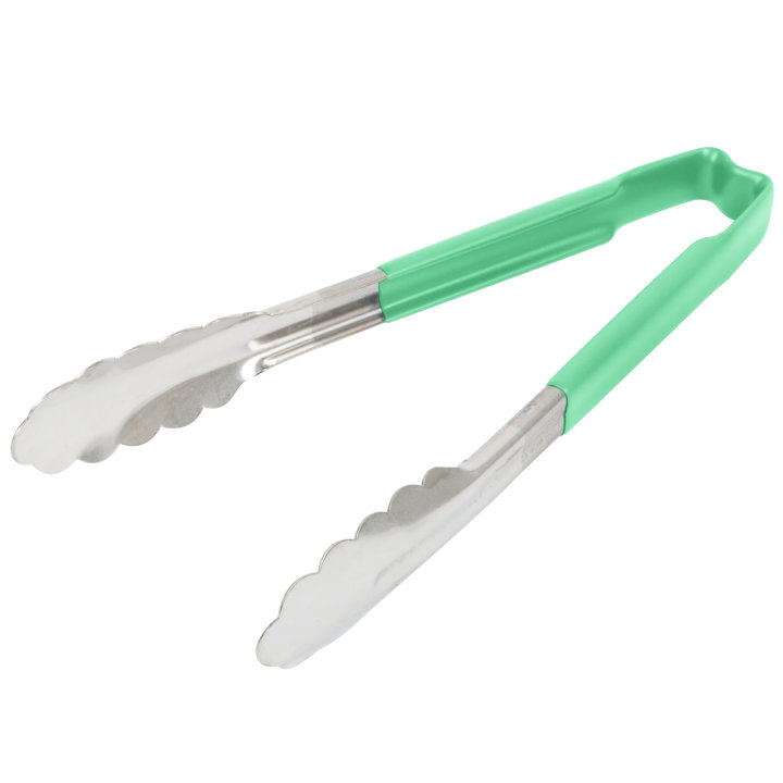 pujadas 9 ½-inch stainless steel one-piece scalloped tongs with green Kool-Touch® handle