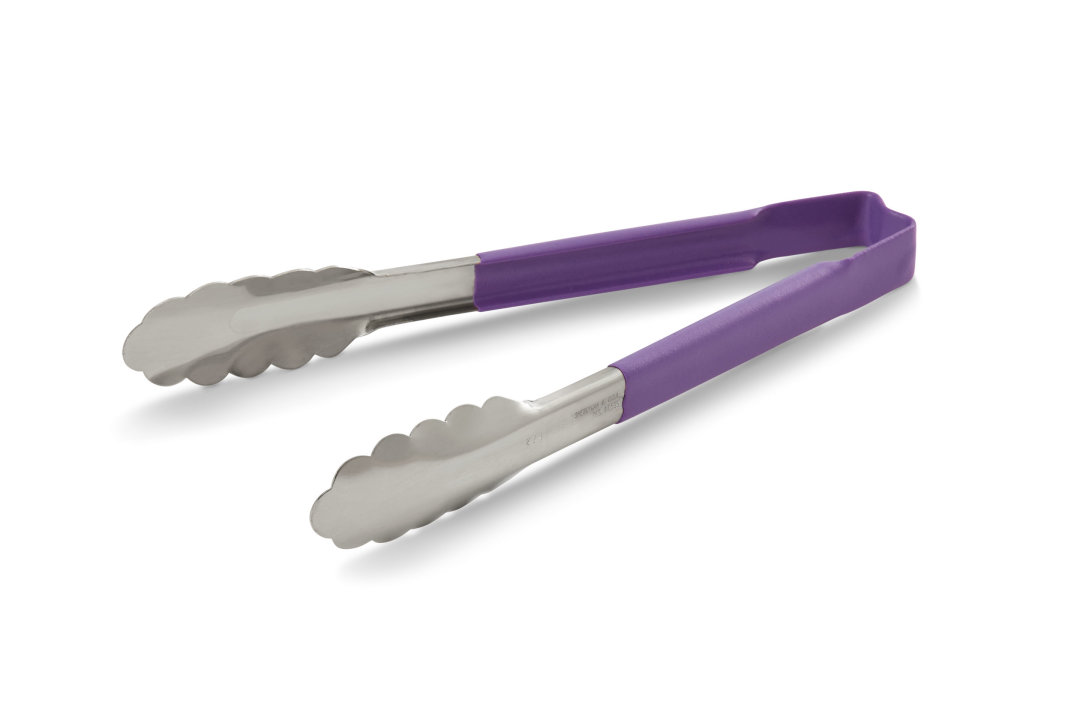 pujadas 9 ½-inch stainless steel one-piece scalloped tongs with purple Kool-Touch® handle