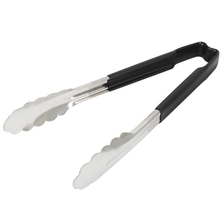 pujadas 9 ½-inch stainless steel one-piece scalloped tongs with black Kool-Touch® handle