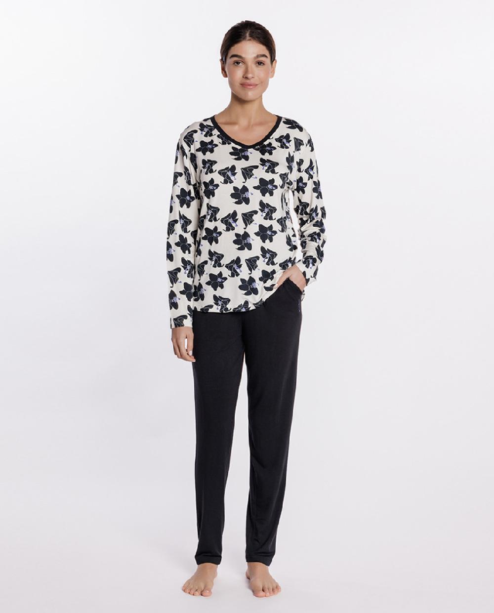 punto blanco Pijama largo de modal elástico de flores Lilium