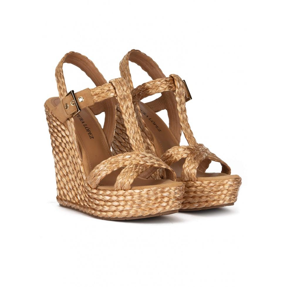 Pura López Sandalias De Cuña Alta En Rafia Bronce