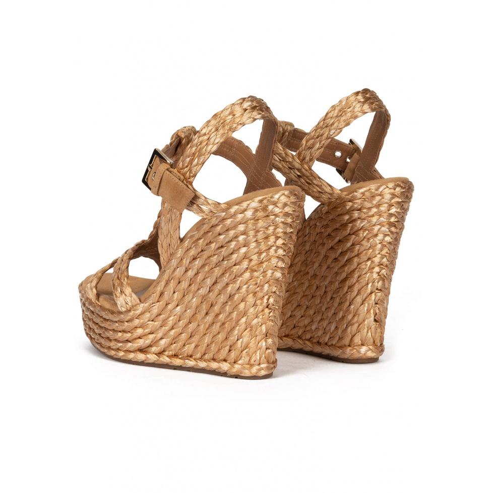 Pura López Sandalias De Cuña Alta En Rafia Bronce