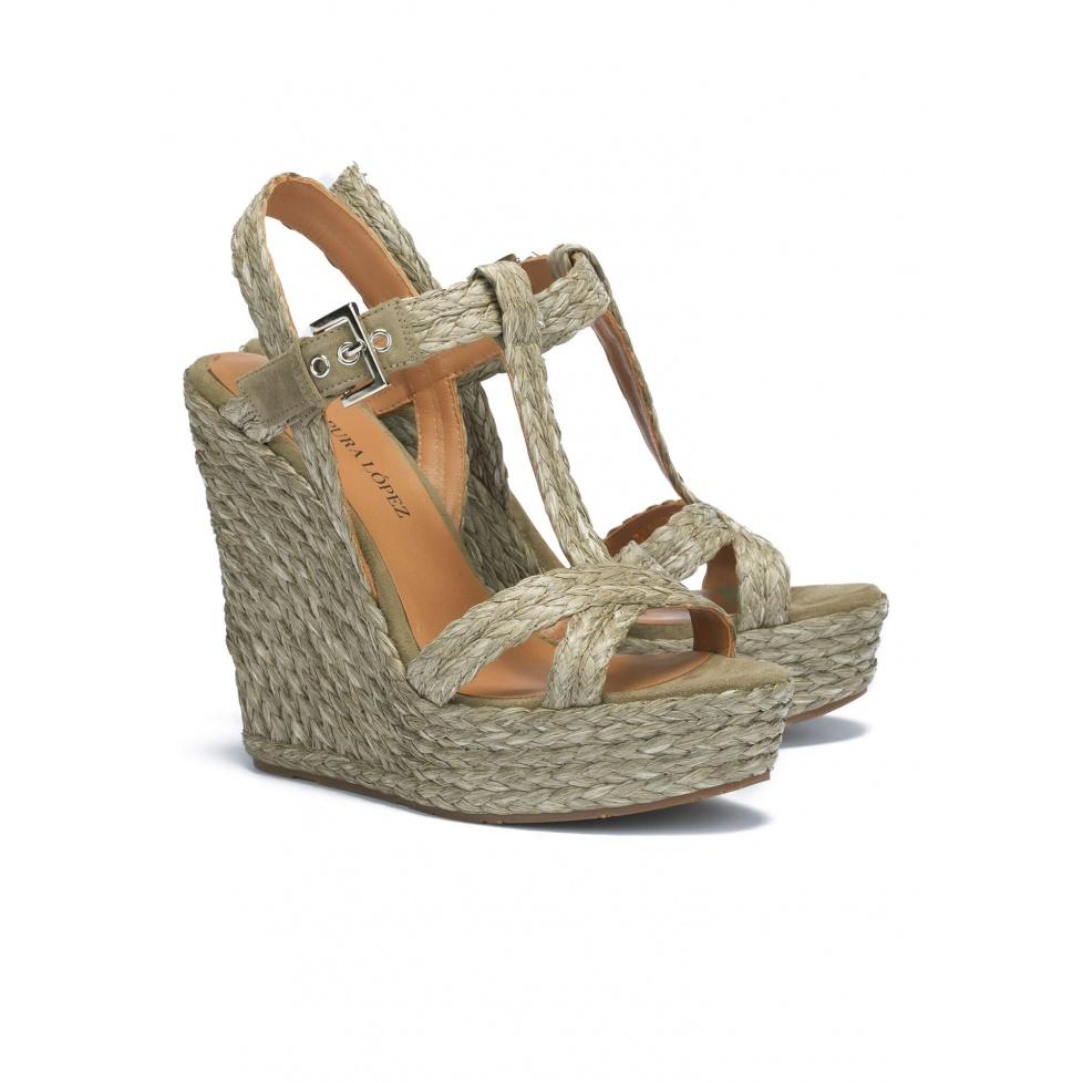 Pura López Sandalias De Cuña En Rafia Verde Caqui