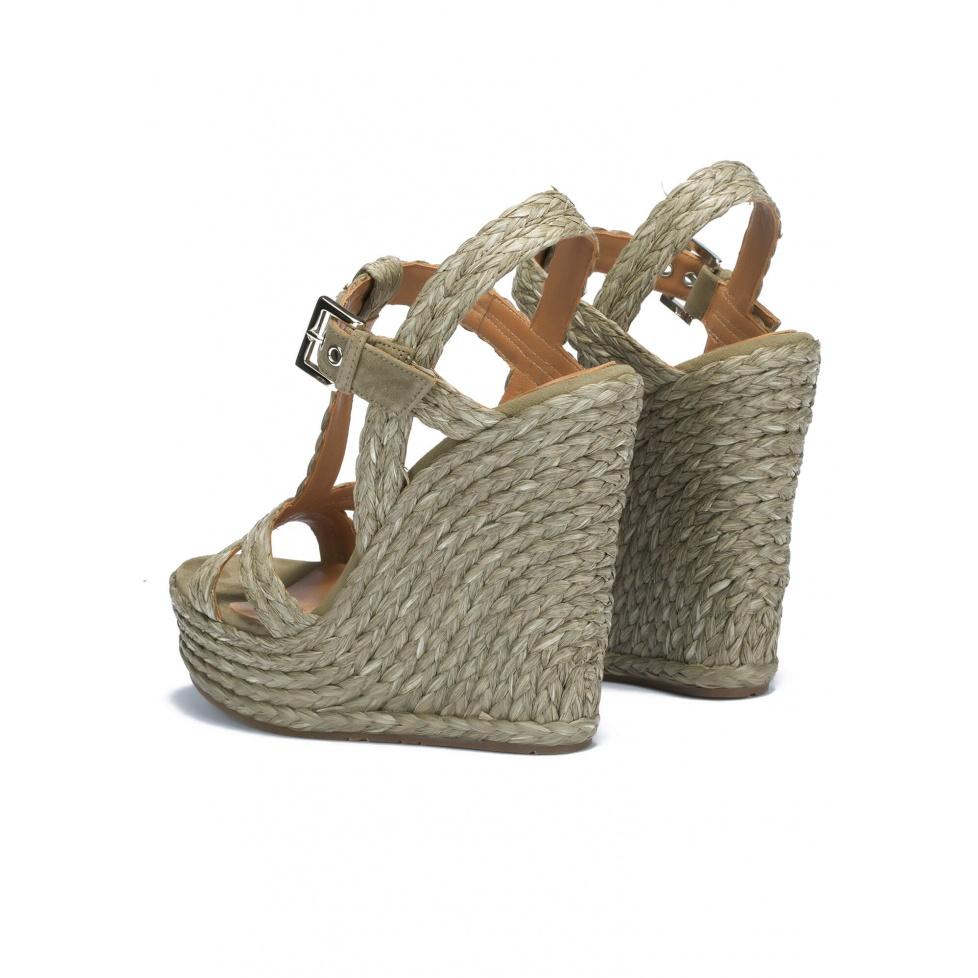 Pura López Sandalias De Cuña En Rafia Verde Caqui