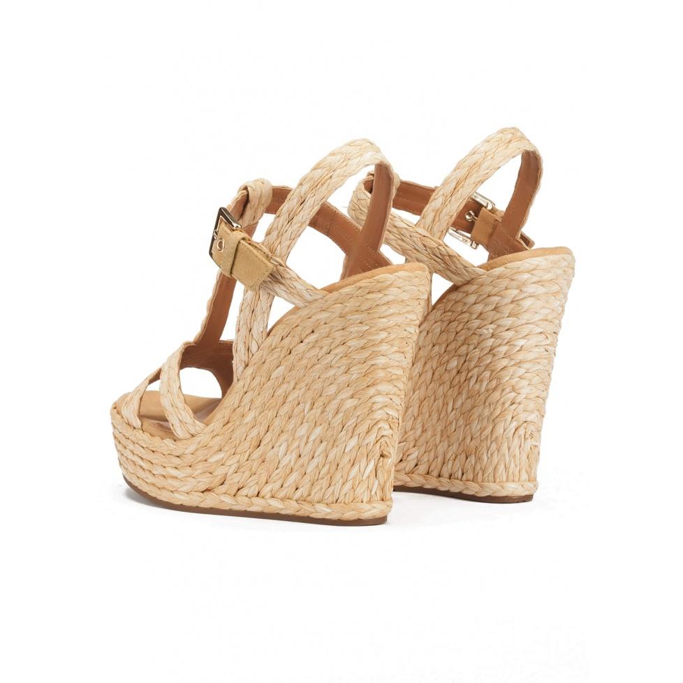 Pura López Sandalias De Cuña Alta En Rafia Y Ante Natural