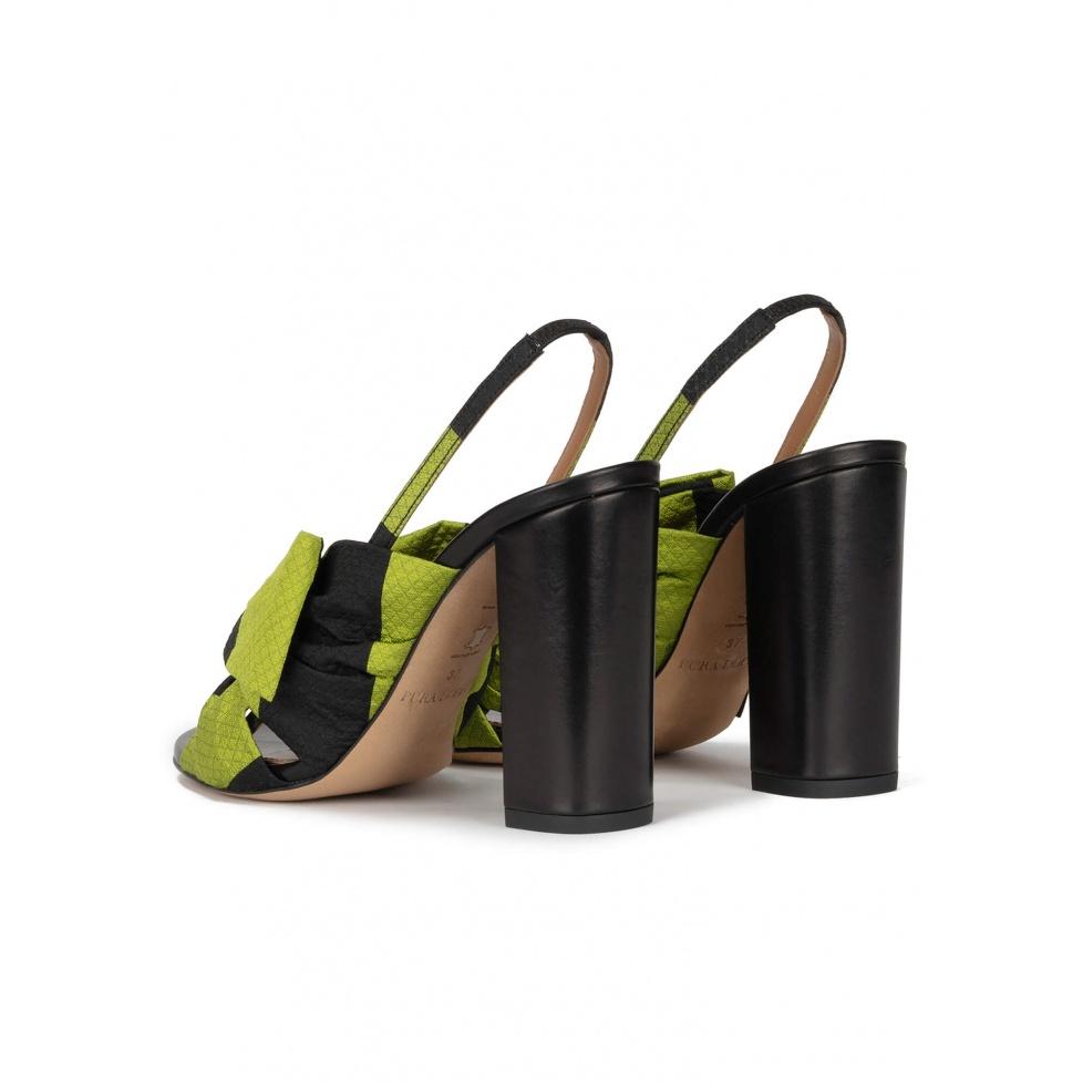 Pura López Sandalias De Tacón Alto Ancho En Tejido Verde Y Negro Con Lazo