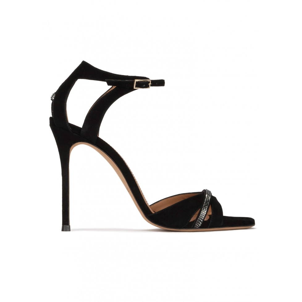 pura lópez Sandalias de tacón alto fino en ante negro con strass