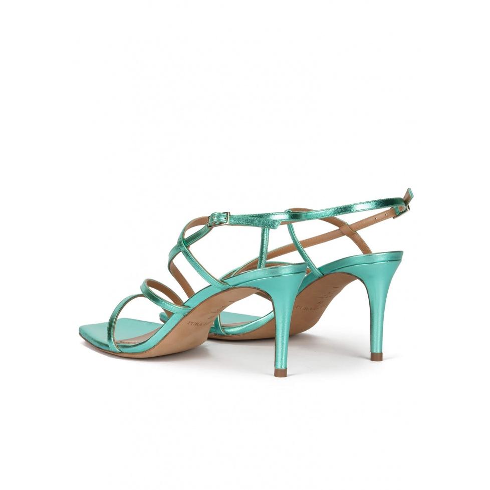 Pura López Sandalias De Tacón Medio En Piel Metalizada Verde Agua