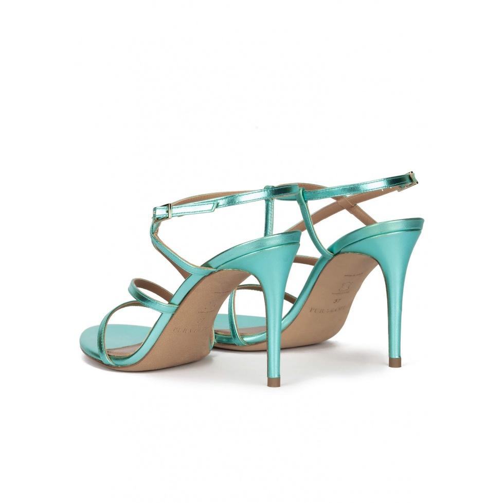Pura López Sandalias Metalizadas De Tacón Alto Con Finas Tiras En Piel Aguamarina