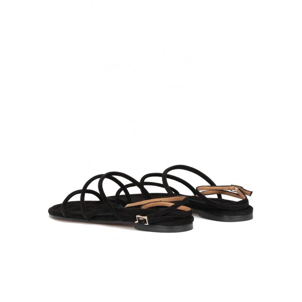 Pura López Sandalias Planas De Tiras En Ante Negro Con Pulsera