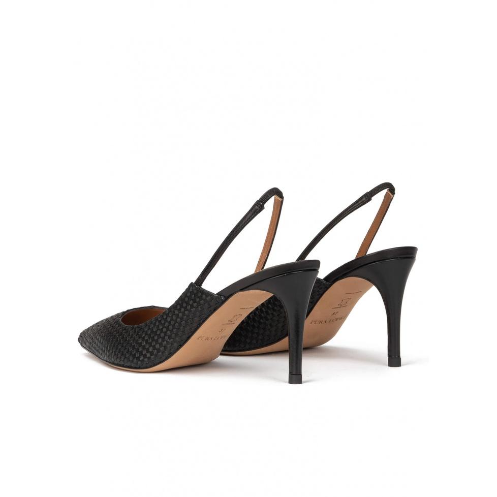 Pura López Zapatos Negros De Tacón Medio En Rafia Y Piel