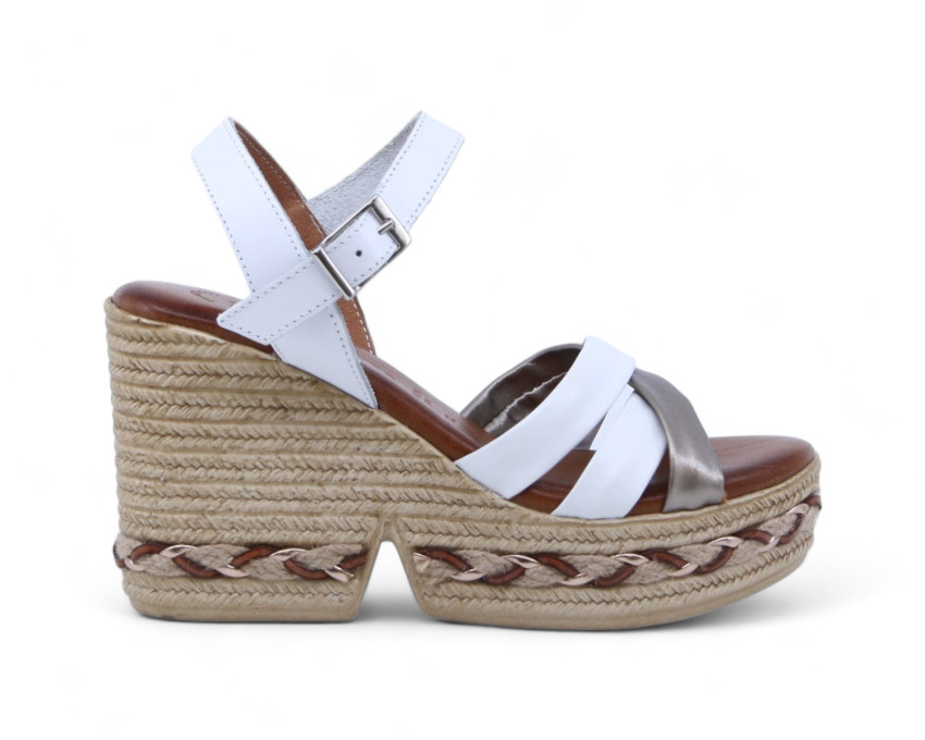 raquel perez Sandalia Cuña Minarete Blanco Arena Metal Mujer