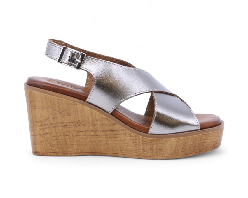 raquel perez Sandalia Cuña Moneda 02 Arena Metalizado Mujer