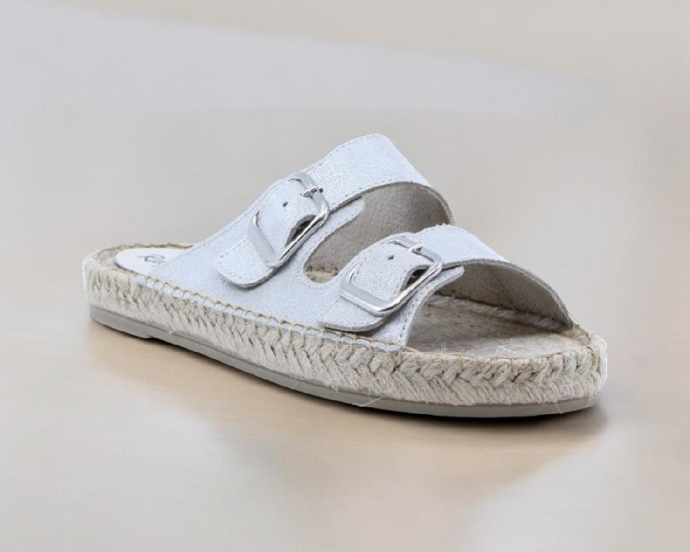 Raquel Perez Sandalia Plana Esparto Anillo Glitter Plata Mujer