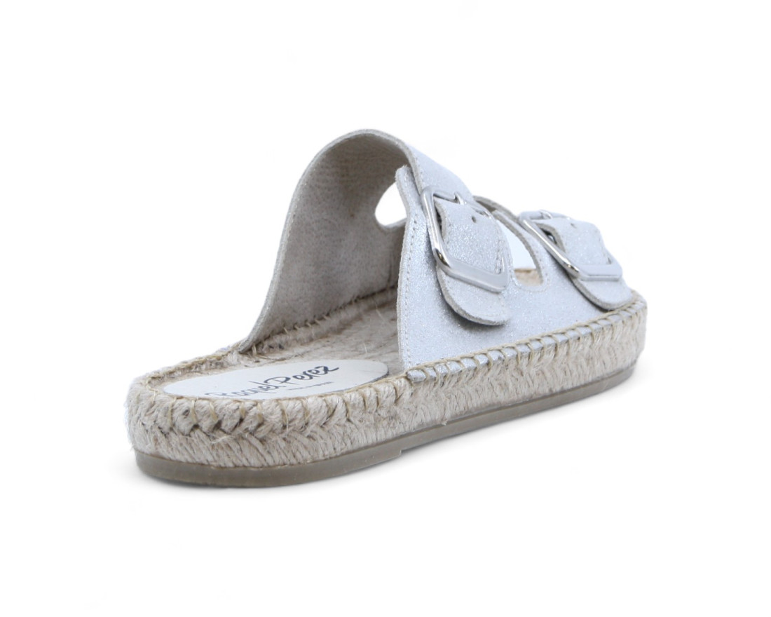 Raquel Perez Sandalia Plana Esparto Anillo Glitter Plata Mujer