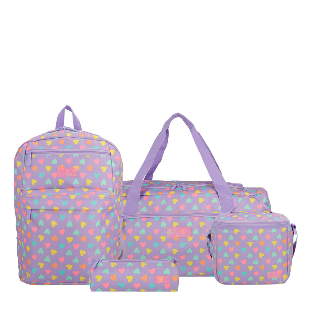 saxoline Megapack mochila escolar + bolso deportivo + lonchera + estuche Heart morado