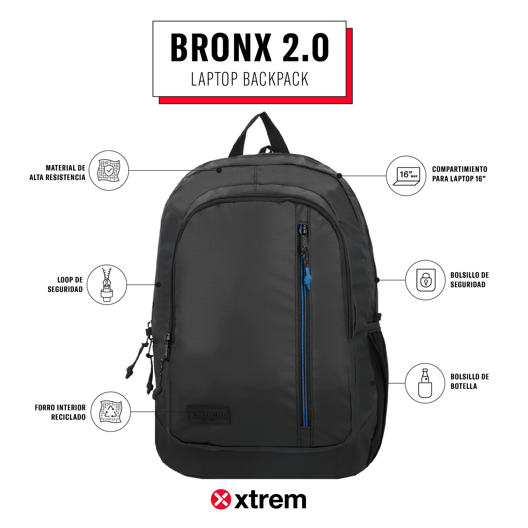Saxoline Mochila Para Notebook 16" Bronx 2.0 Negra/azul