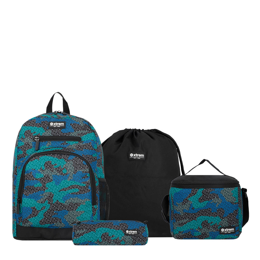 saxoline Set mochila + bolsa + lonchera + estuche Multipack azul gamer