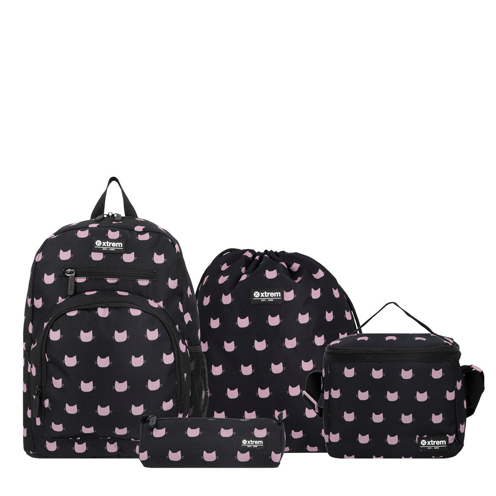 saxoline Set mochila + bolsa + lonchera + estuche Multipack negro gato
