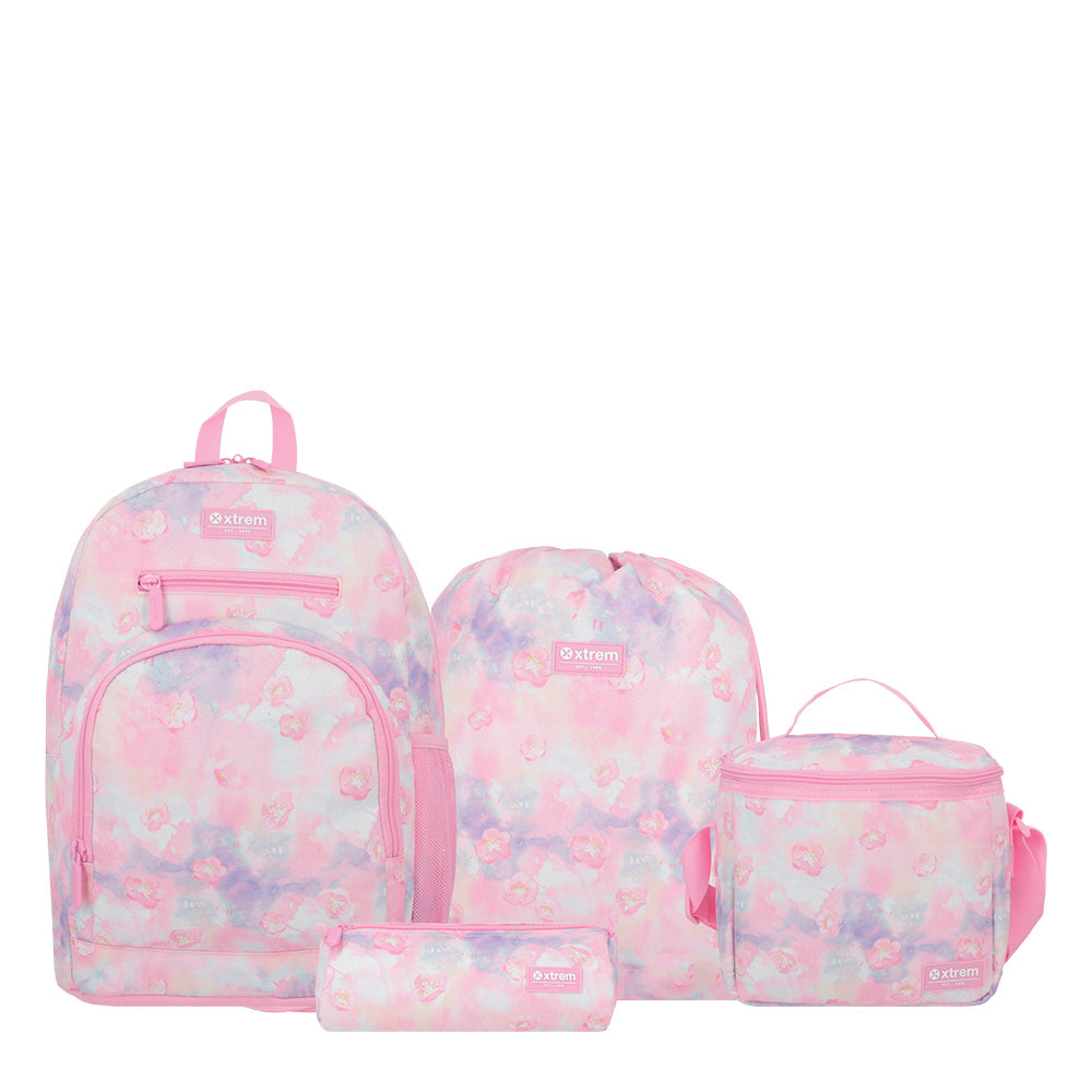 saxoline Set mochila + bolsa + lonchera + estuche Multipack rosado flores