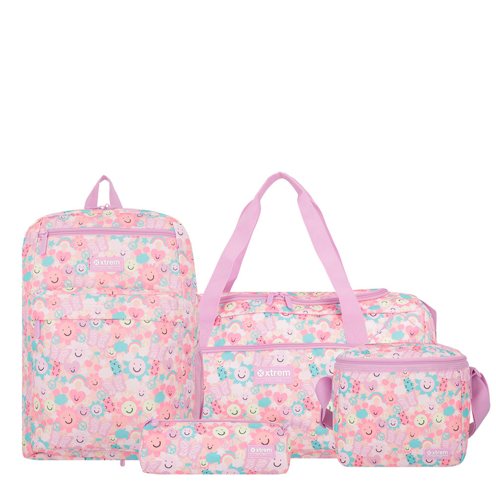 saxoline Set mochila + bolso + lonchera + estuche Megapack 2.0 rosado