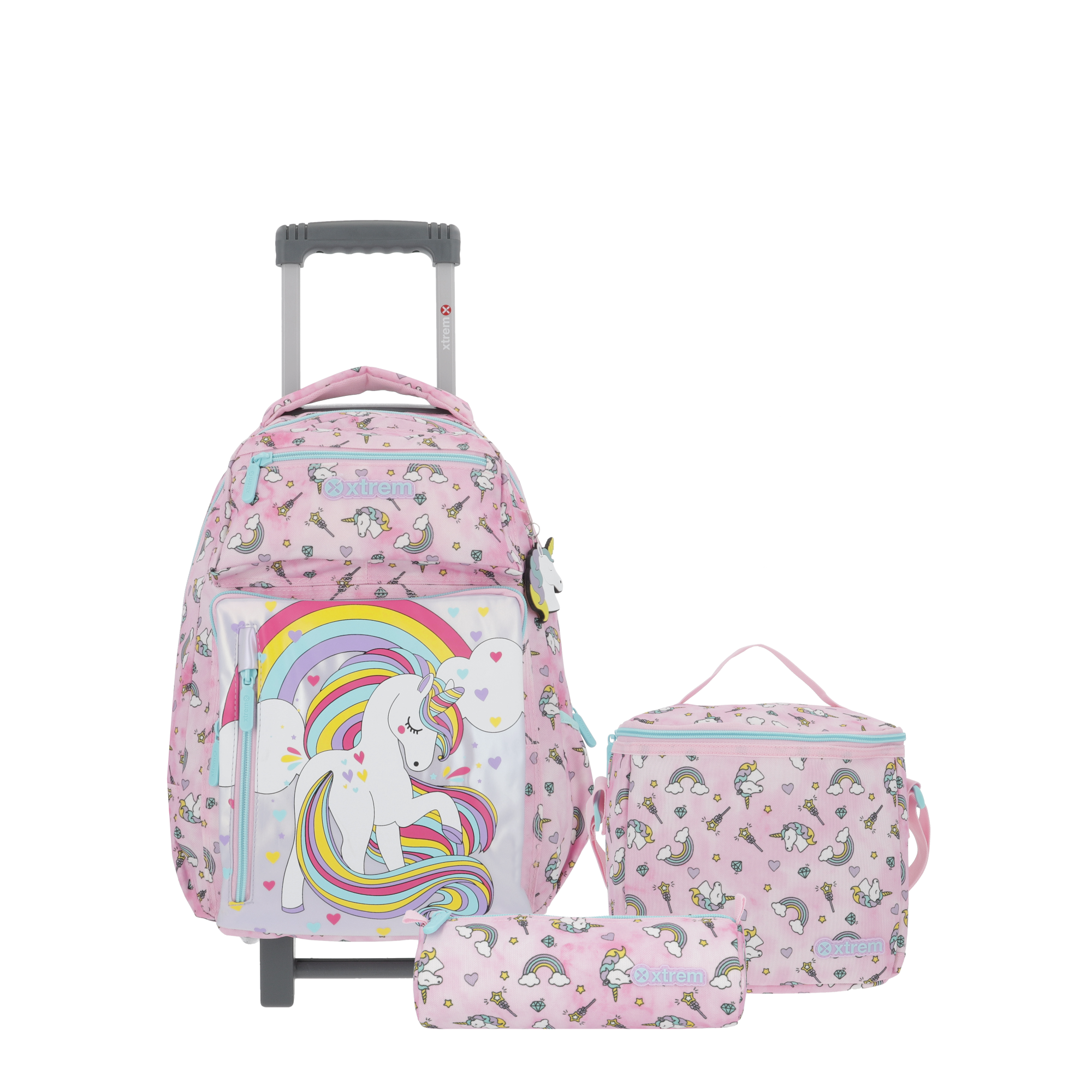 saxoline Set mochila con ruedas + lonchera + estuche New Run Pack Unicorn rosado