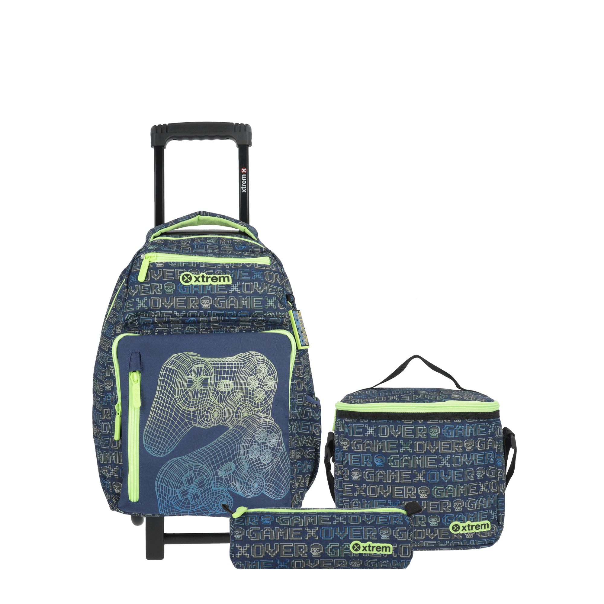 saxoline Set mochila con ruedas + lonchera + estuche New Run Pack Gamer verde