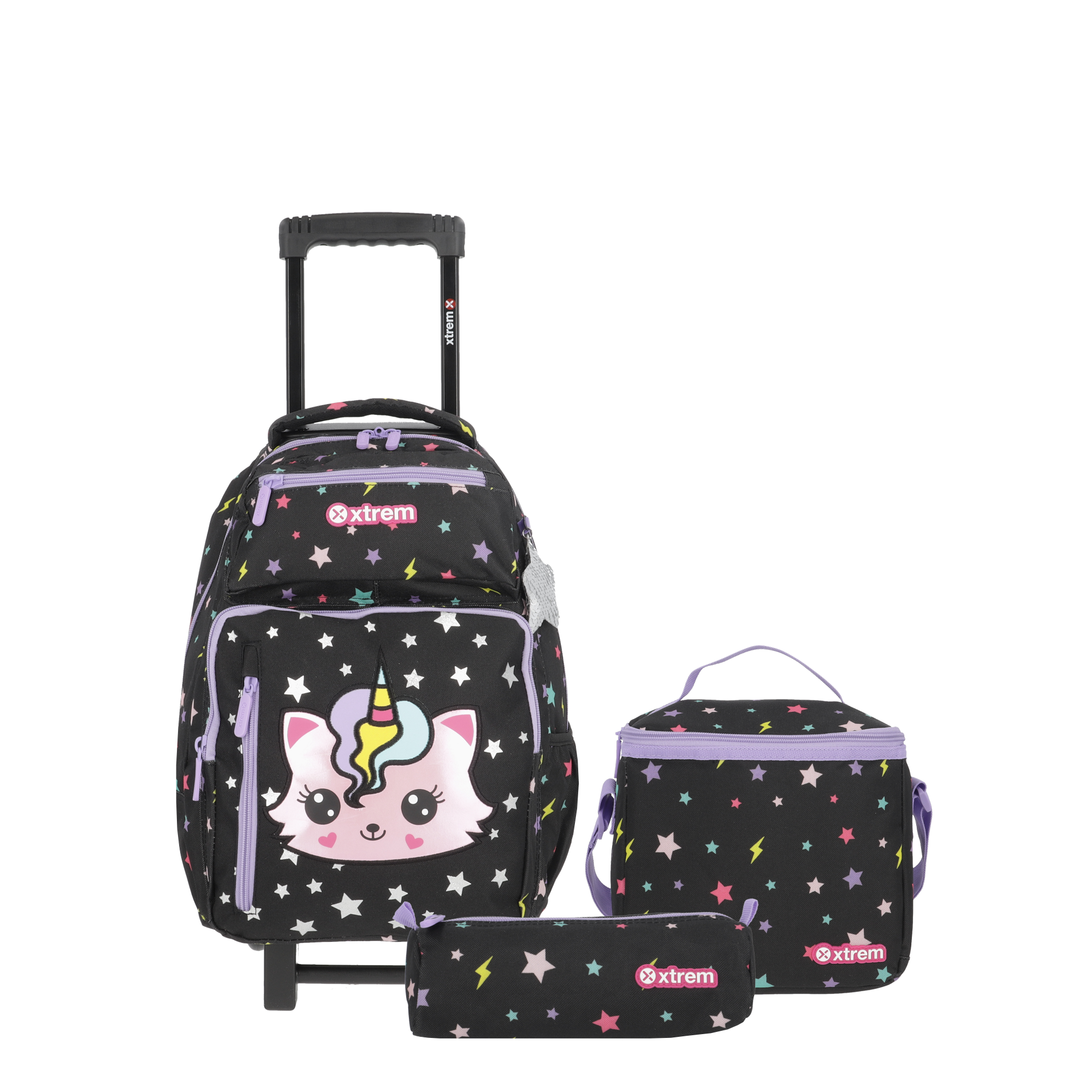 saxoline Set mochila con ruedas + lonchera + estuche New Run Pack Cat negro