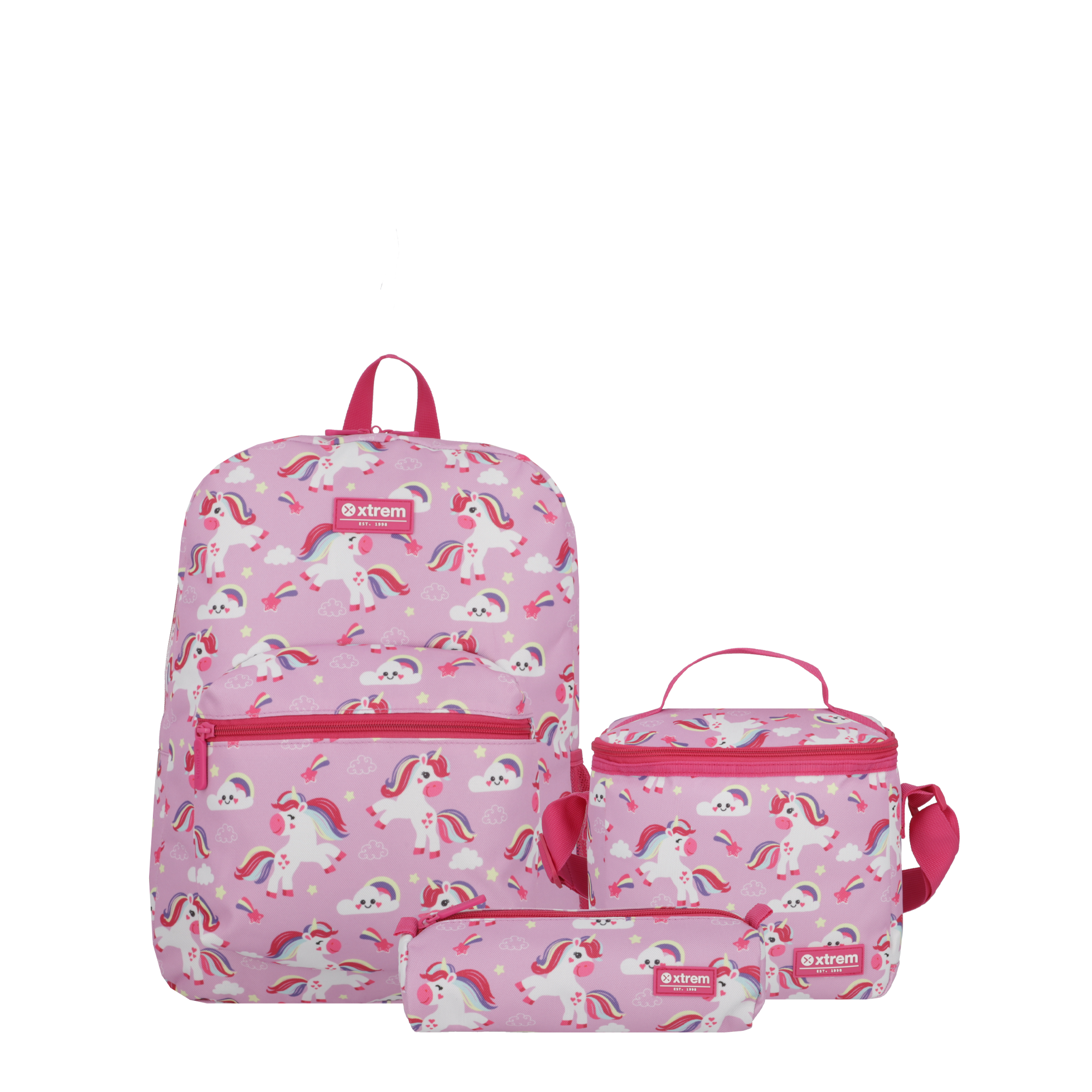 saxoline Set mochila + lonchera + estuche Triple Pack morado unicornios