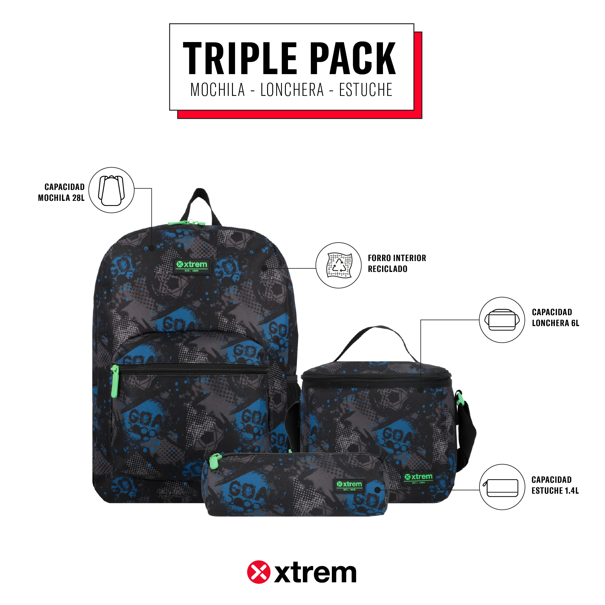 Saxoline Set Mochila + Lonchera + Estuche Triple Pack Negro Fútbol