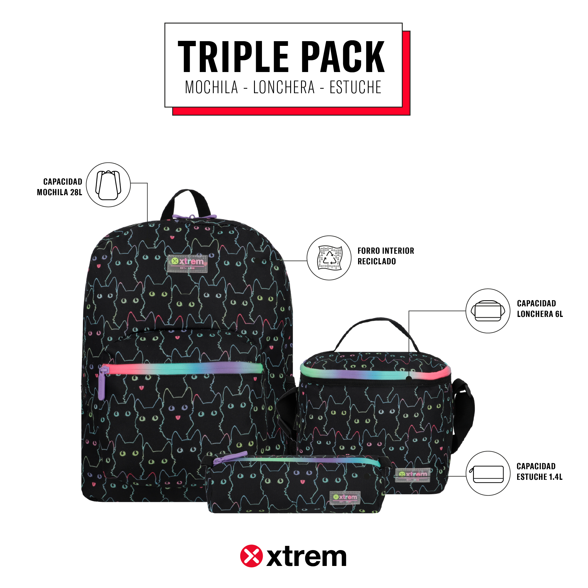 Saxoline Set Mochila + Lonchera + Estuche Triple Pack Negro Gatos