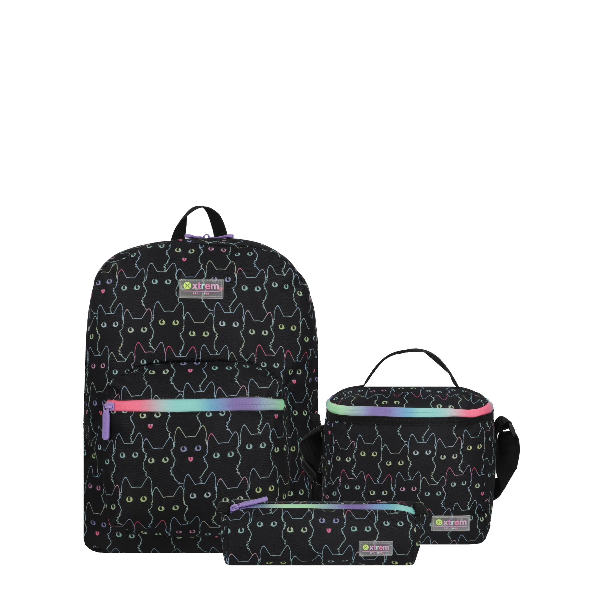 saxoline Set mochila + lonchera + estuche Triple Pack negro gatos