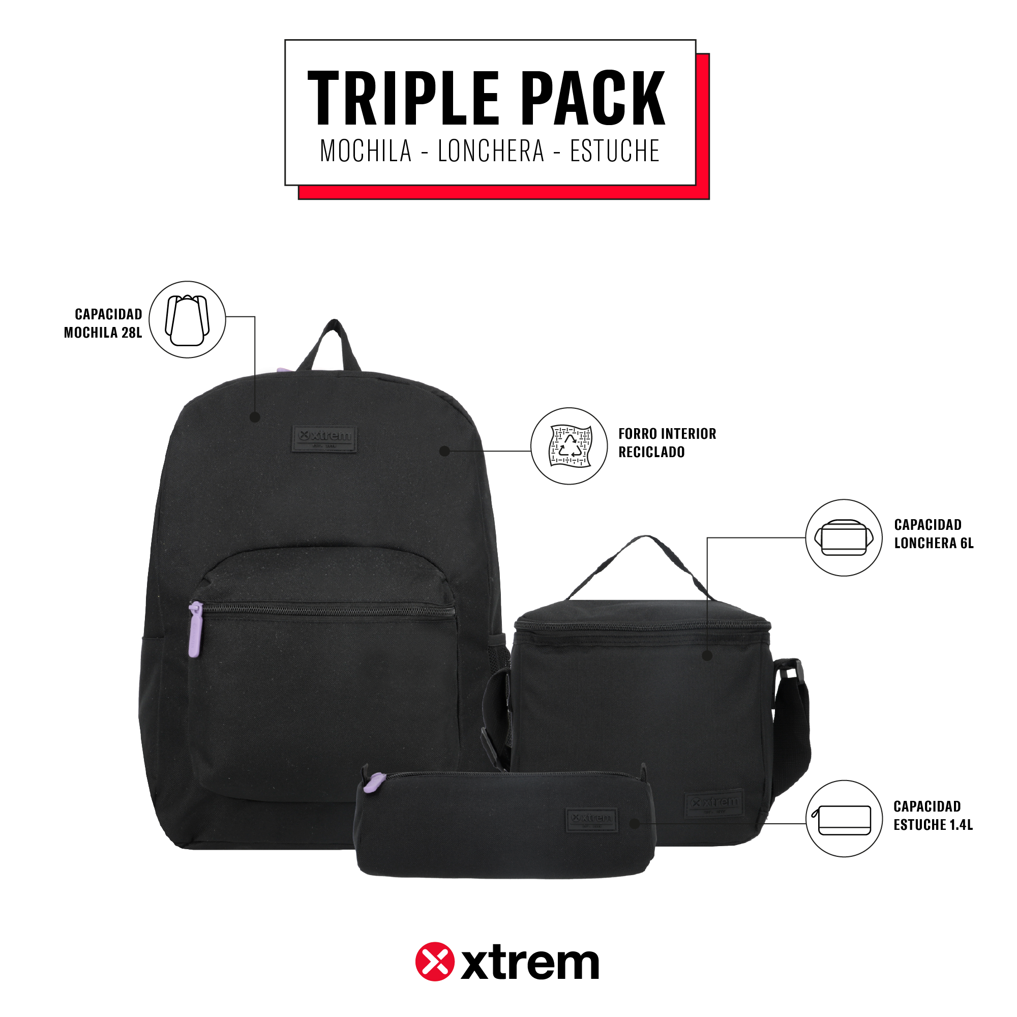 Saxoline Set Mochila + Lonchera + Estuche Triple Pack Negro/morado