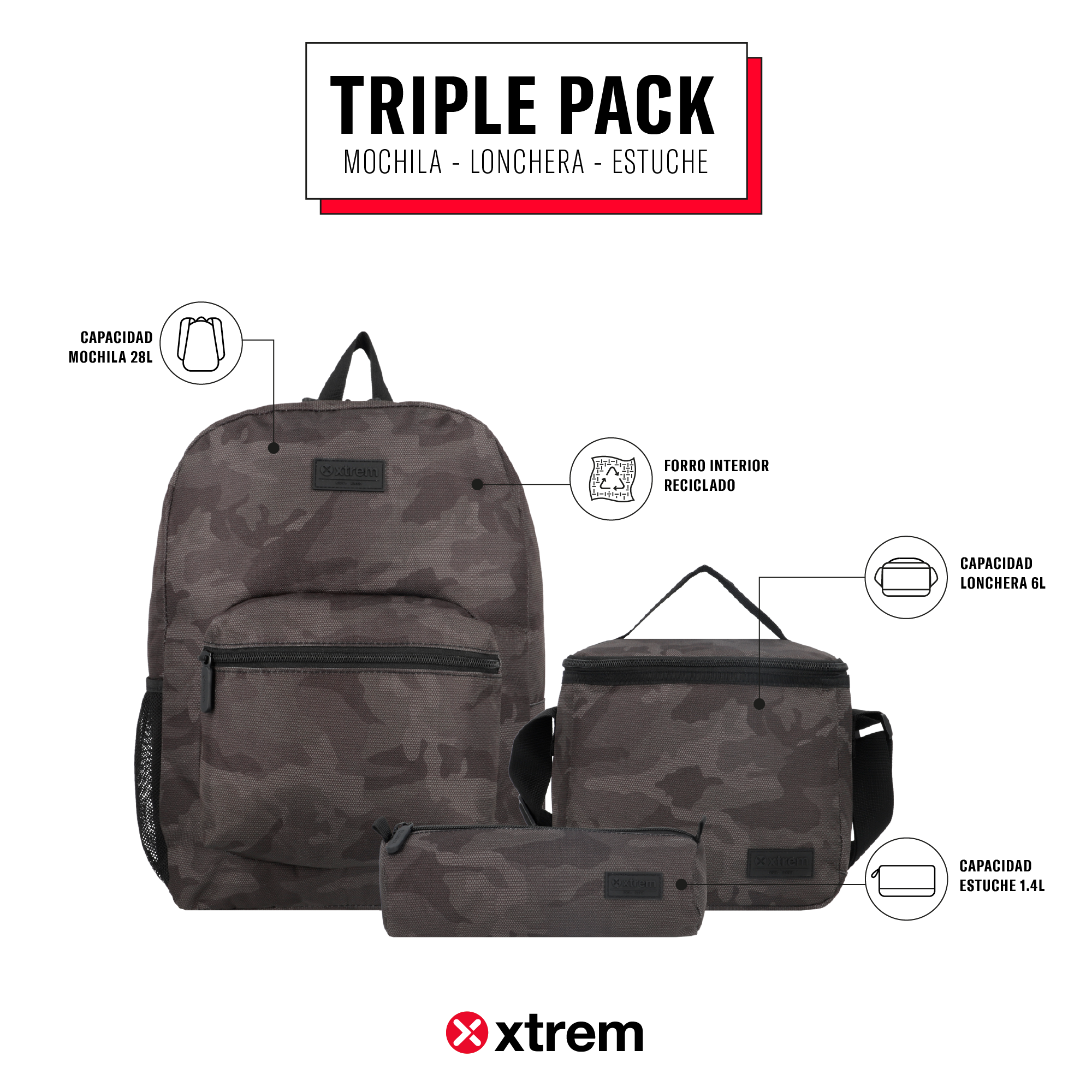 Saxoline Set Mochila + Lonchera + Estuche Triple Pack Verde Camo