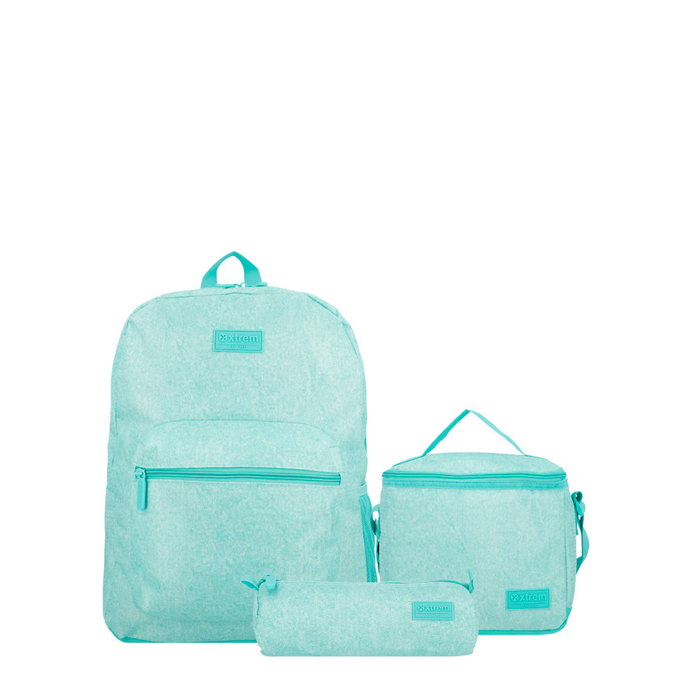 saxoline Triple pack mochila escolar + lonchera + estuche Mint Denim
