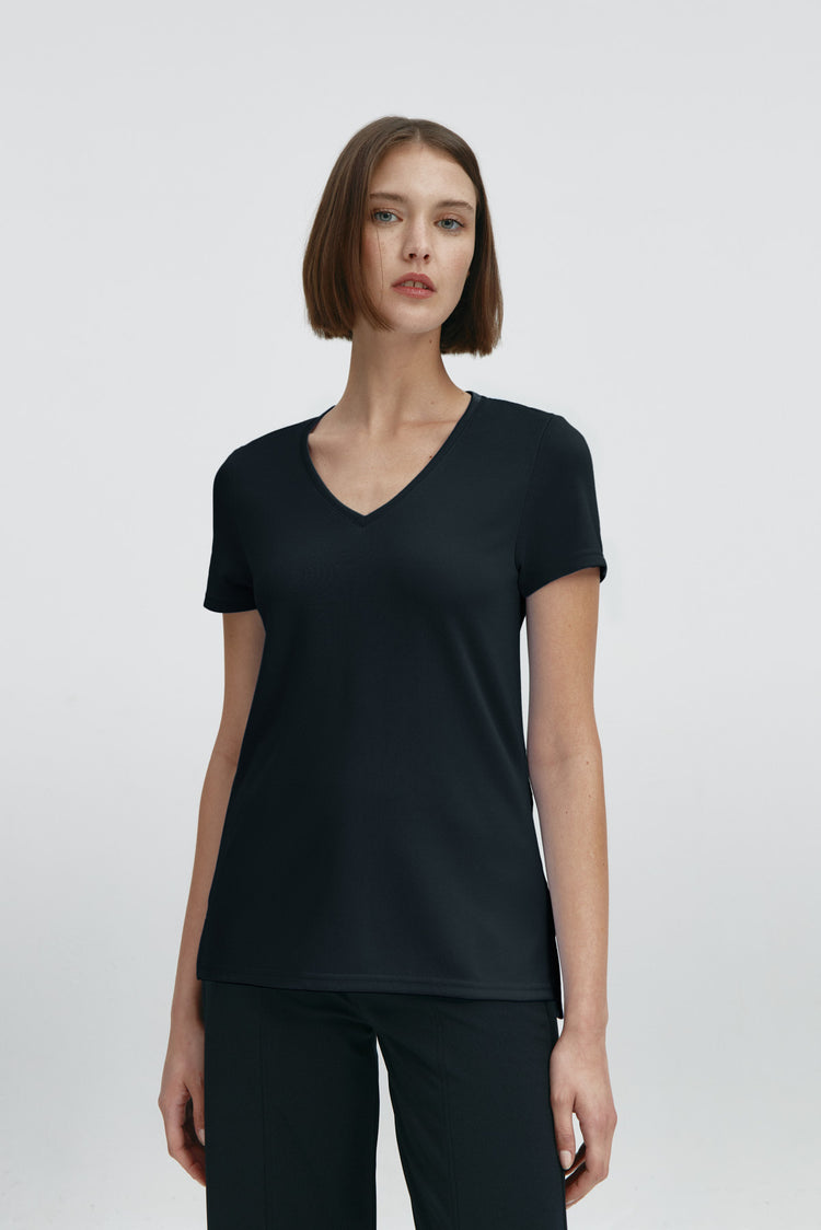 sepiia Camiseta mujer escote pico mujer negra
