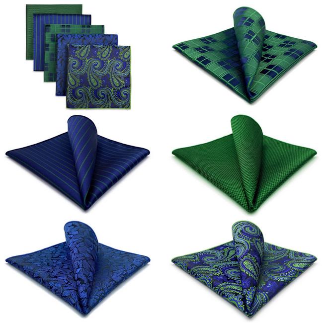 Shlax & Wing 5 Pieces Green Blue Mens Pocket Square Fashion Gift Classic Handkerchiefs Set 2-100