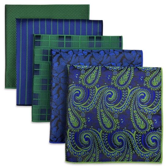 shlax & wing 5 Pieces Green Blue Mens Pocket Square Fashion Gift Classic Handkerchiefs Set 2-100