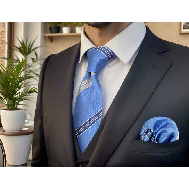 shlax & wing A39 Steel Blue Striped Men Neckties Fashion Business Pocket Square Set Classic Wedding