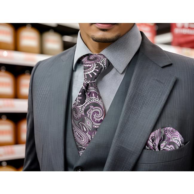 shlax & wing A72 Dark Purple Paisley Mens Neckties Hanky Set Fashion Classic Wedding Extra Long Size Ties Party Gift