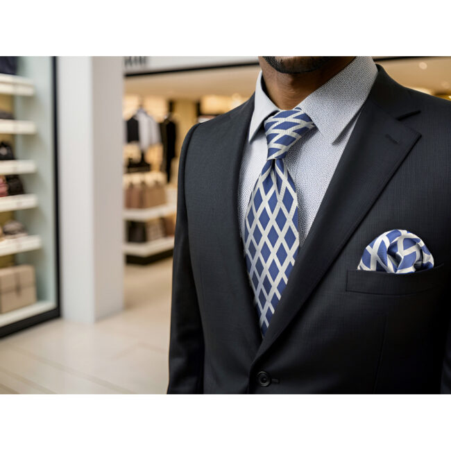 shlax & wing A81 Grey Blue Geometric Mens Neckties Pocket Square Set Classic Extra Long Size Fashion Wedding