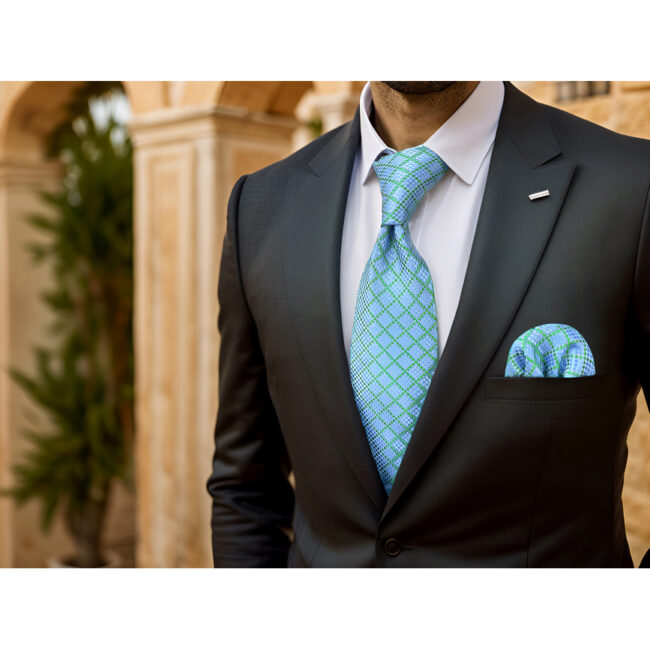 shlax & wing A82 Aqua Checkes Silk Mens Necktie Pocket Square Set Classic Brand New Fashion Wedding 63″