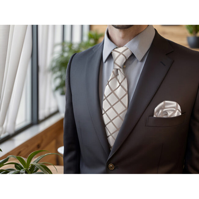 shlax & wing A95 Khaki Checkes Mens Necktie Pocket Square Set Fashion Classic Brand New