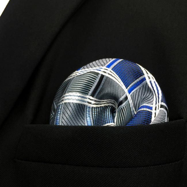 Shlax & Wing AH17 Silver Gray Blue Checkered Mens Pocket Square Silk Fashion Wedding Brand New Dress Handkerchief