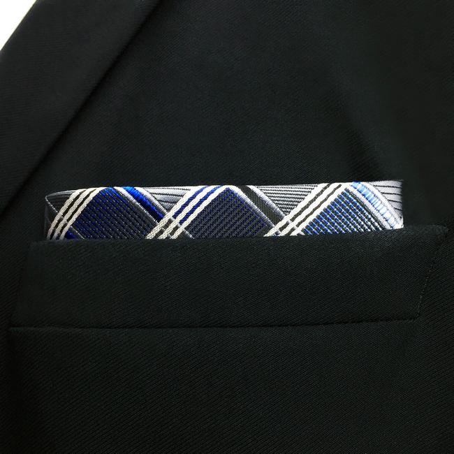 Shlax & Wing AH17 Silver Gray Blue Checkered Mens Pocket Square Silk Fashion Wedding Brand New Dress Handkerchief