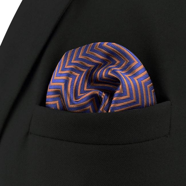 Shlax & Wing AH57 Blue Brown Zigzag Pattern Mens Pocket Square Fashion Business Party Gift Handkerchief