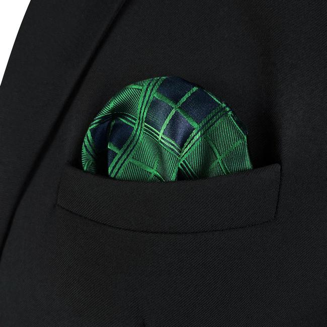 Shlax & Wing AH92 Checked Green Mens Pocket Square Jacquard Woven Classic Groom Business